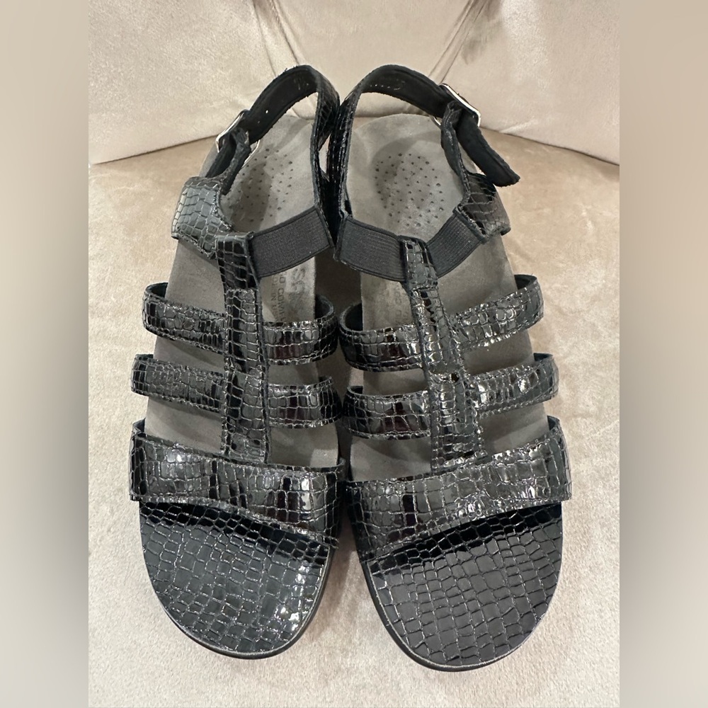 SAS Allegro Sandals Black Croc Embossed Leather Adjustable Heel Strap 7.5 W $159